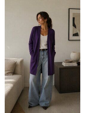 Cashmere Charter Club Luxury 100% Cashmere Cardigan Women L Purple Open Front